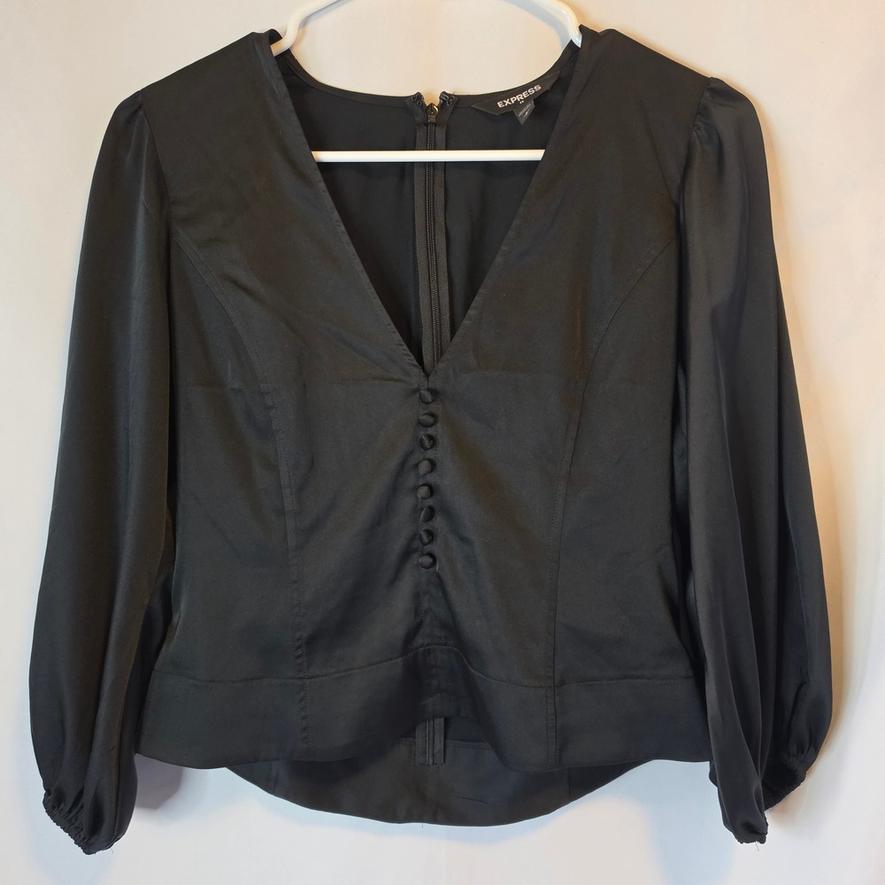 Express Blouse Small Black Victorian‎ Romantic Puff Sleeve Satin Peplum Top